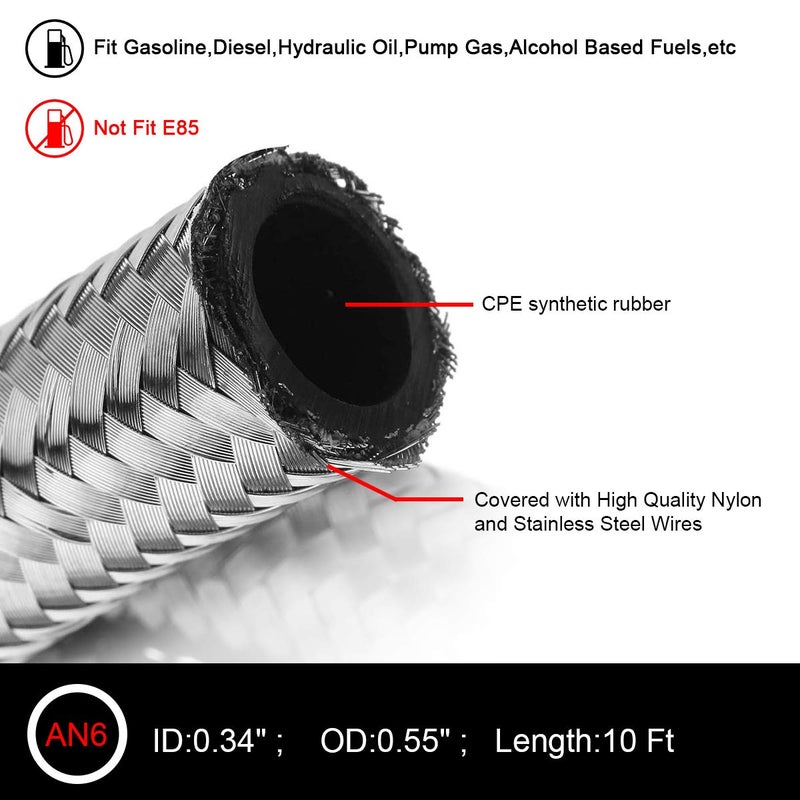 Partschoice 10FT 6AN Fuel Line Hose AN6 Stainless Steel Braided Universal CPE Tube Oil Fuel Gas Hose - Image 5